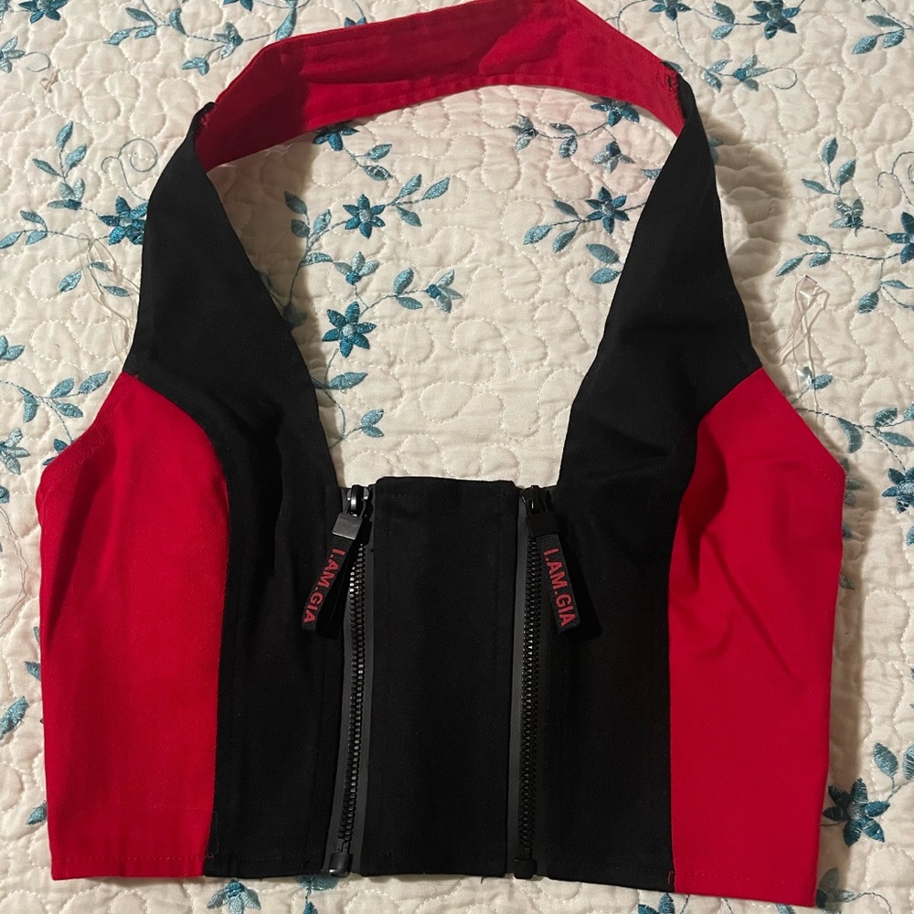 I.AM.GIA Red and Black Zip-Up Top